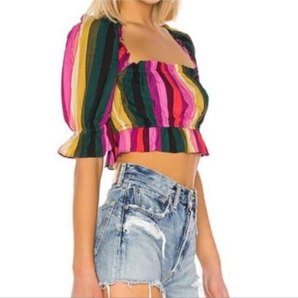 LPA x Revolve NEW Leila Multi Rainbow Stripe Ruffled Cropped Poof Sleeve Top XS - Picture 6 of 6